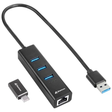 Concentrador Sharkoon HUB USB 3.2 Alluminium + RJ45 e USB Tipo C Negro