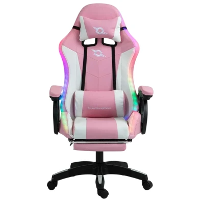 PowerGaming Cadeira LED RGB Branco+Rosa com Reposapiés