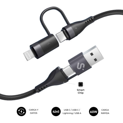 CABLE TOP 4 EN 1 60W USB-A/2xUSB-C/LIGHTNING 1 M NEGRO SUBBLIM