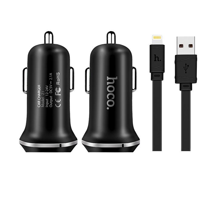 HOCO Car charger - 2.1A 2x USB cable IPHONE lightning (set) Z1 black