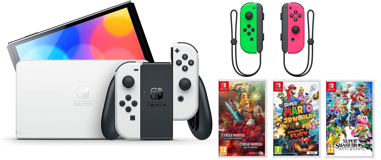 Nintendo Switch OLED (Blanca) + 3 Games + Joy Con (Verde / Rosa)